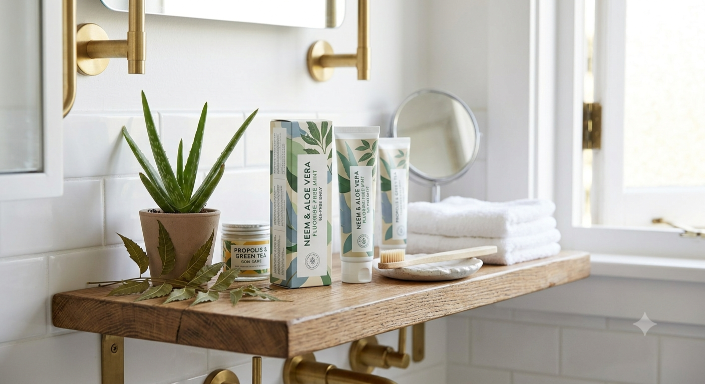 Natural herbal toothpaste tube and wooden toothbrush on light stone, surrounded by green leaves, mint, and calendula flowers for clean oral care concept.