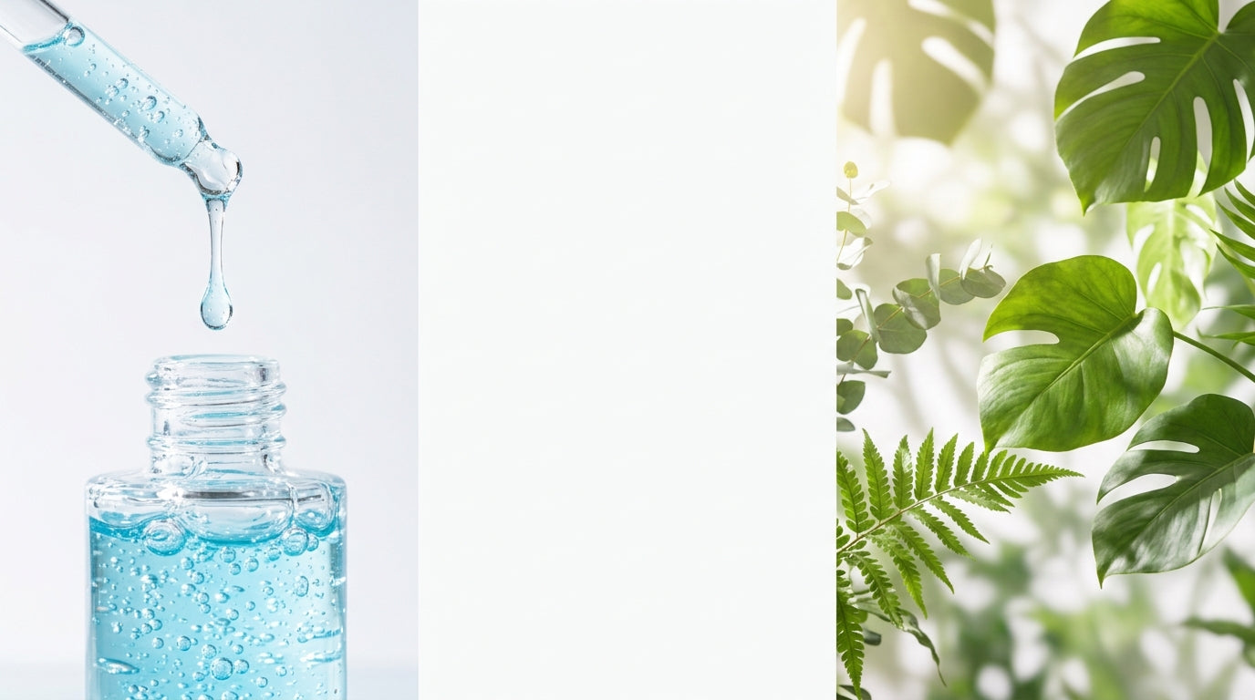 "High-end minimalist skincare blog header featuring a macro shot of crystalline light blue serum with bubbles alongside soft natural sunlight filtering through green leaves, representing the concept of skin longevity and healthy aging."