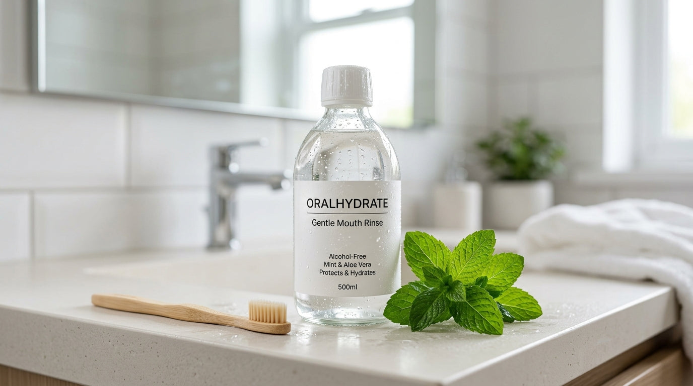 A gentle oral care setup with a soft-bristled wooden toothbrush, an alcohol-free mouthwash bottle, and fresh mint on a clean bathroom vanity, highlighting natural defense and daily hydration for the oral mucosa.