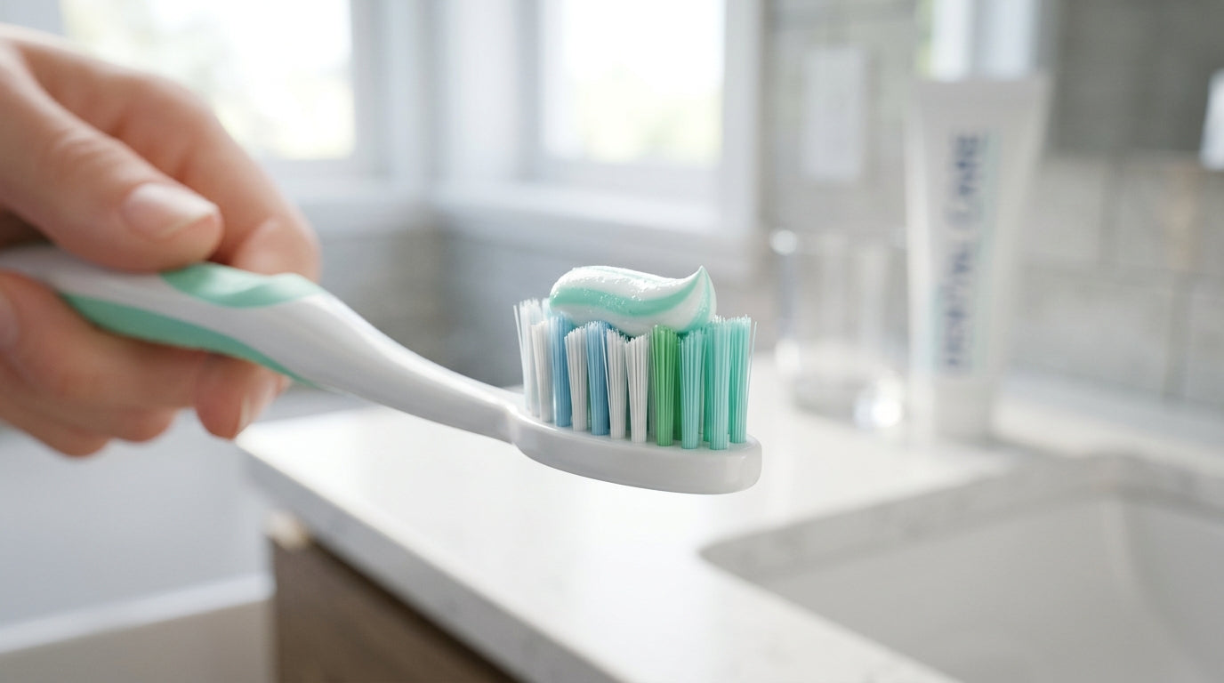 Close-up of a toothbrush with toothpaste, illustrating proper dental care and fluoride protection for oral health blog.
