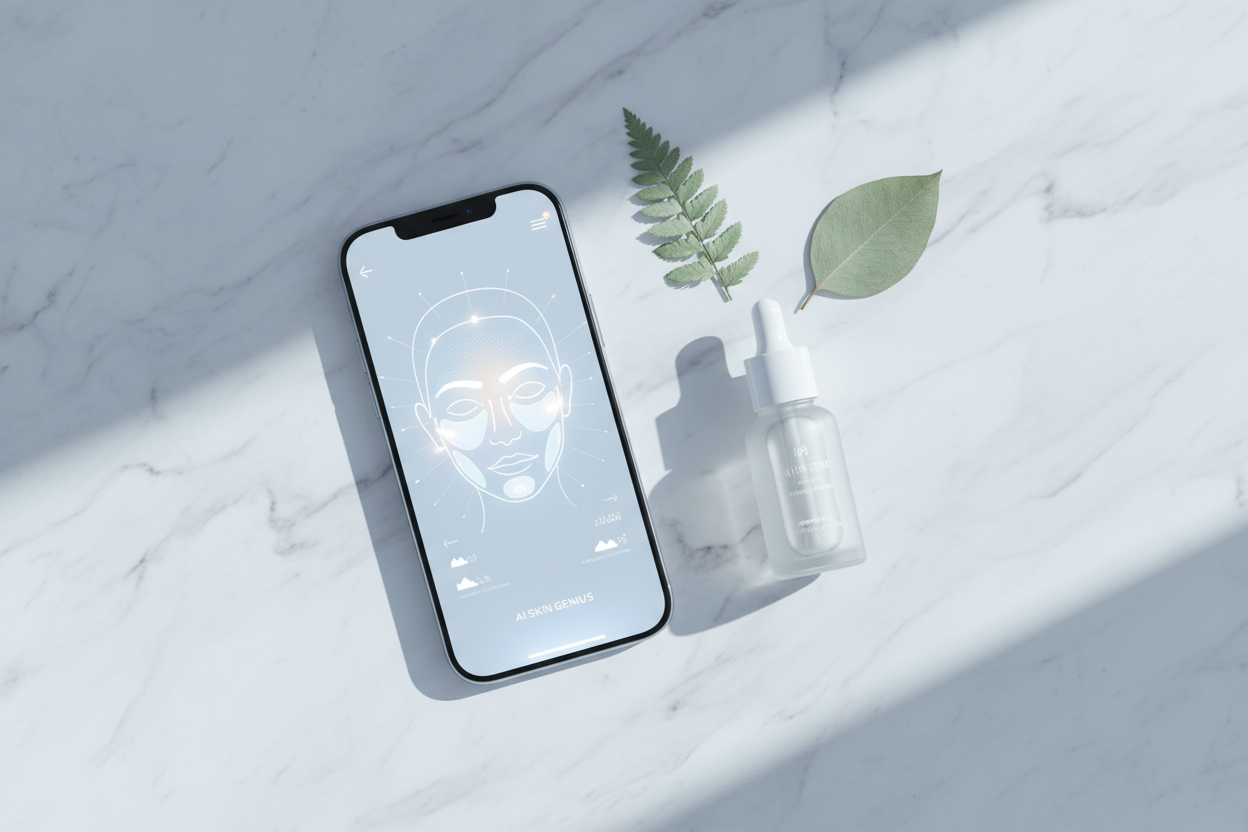A minimalist flat lay featuring a smartphone displaying an AI skin analysis interface, a skincare serum bottle, and botanical leaves on white marble — representing the rise of AI-powered personalised skincare in 2026.