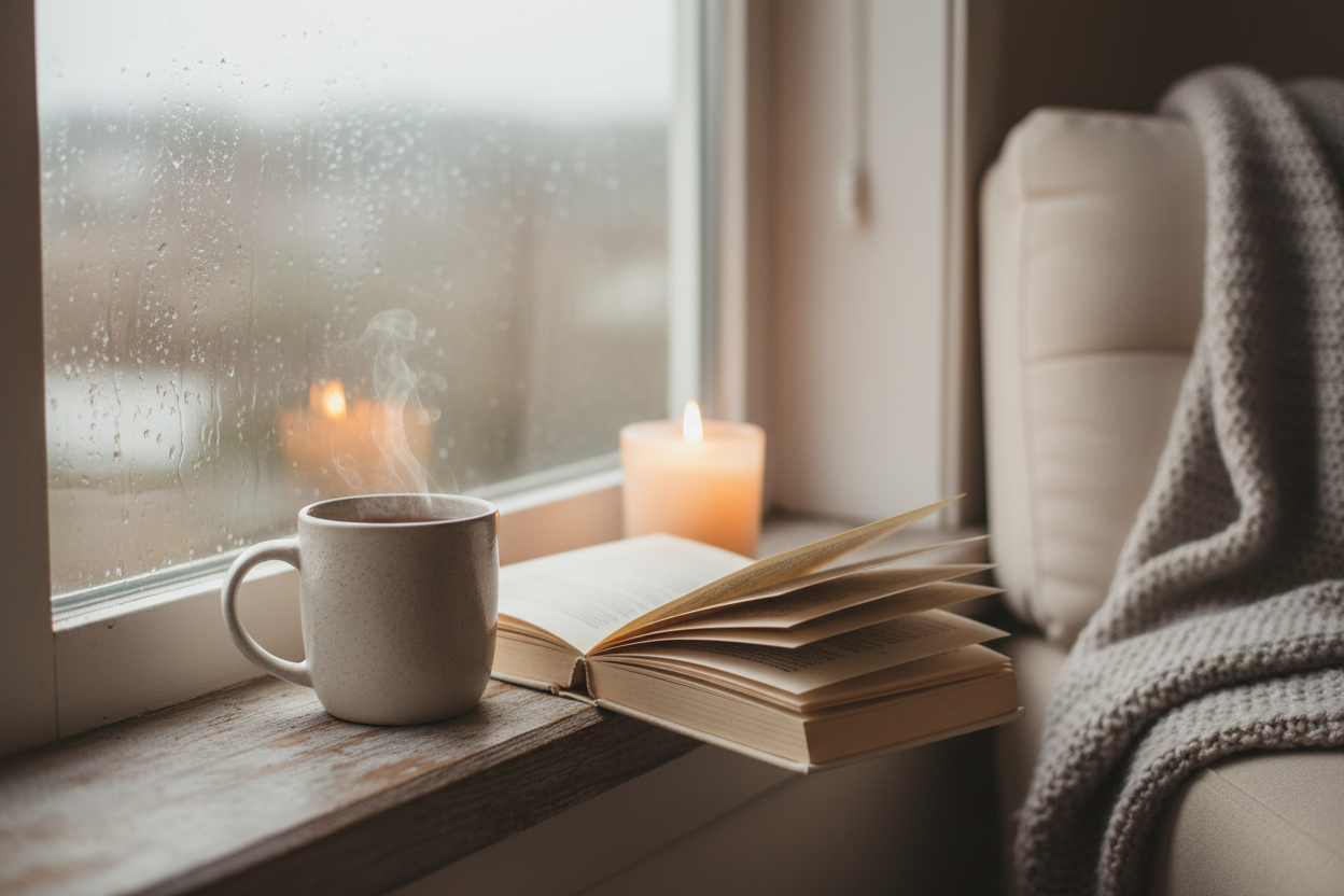 A steaming cup of herbal tea on a windowsill beside an open book and soft candlelight, with rain outside — evoking the rare luxury of calm, stillness, and intentional rest in a world of constant stress.