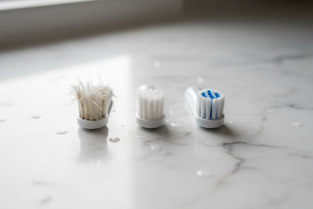 Electric toothbrush heads on marble — worn vs new bristles showing why timely head replacement protects gums.