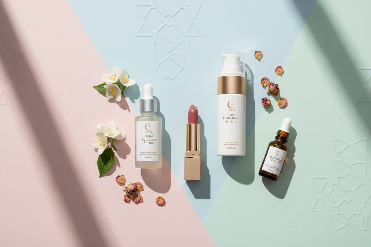 Halal-certified beauty and skincare products flat lay — Indonesia halal cosmetics certification 2026