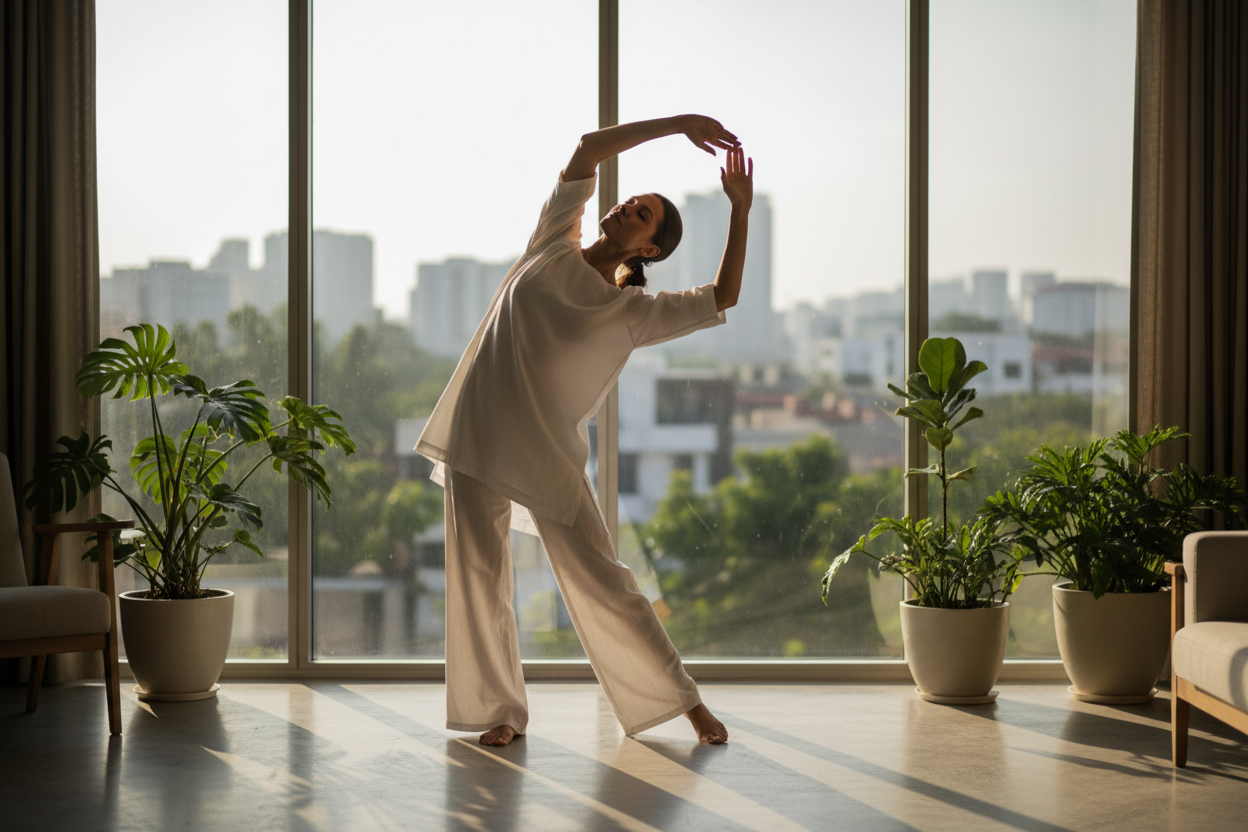 A woman in elegant white linen doing a slow morning stretch by a sunlit floor-to-ceiling window with golden light and green plants — representing the idea that health, rest, and intentional living are the ultimate modern status symbols.
