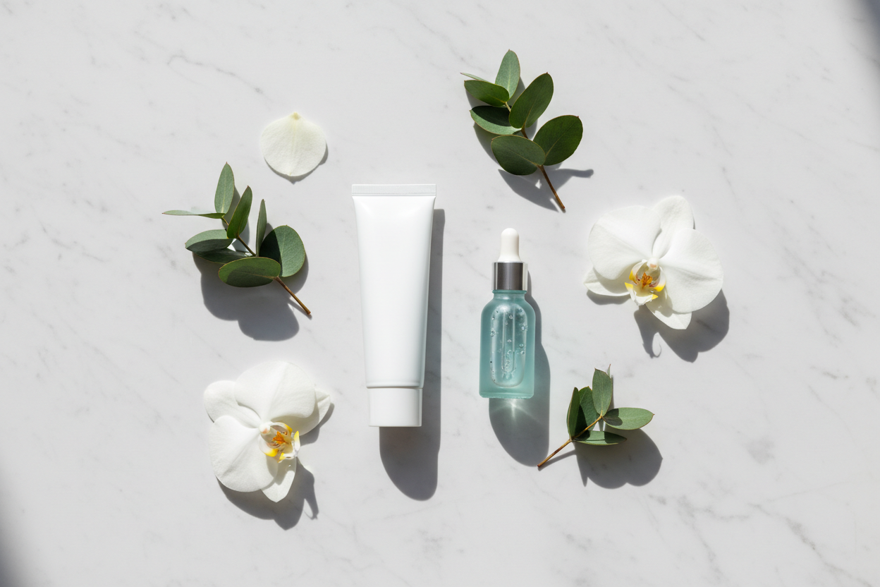 A minimalist flat lay featuring a white toothpaste tube, a skincare serum dropper bottle, botanical leaves, and white flower petals on white marble — representing the crossover of skincare ingredients like niacinamide into modern oral care.
