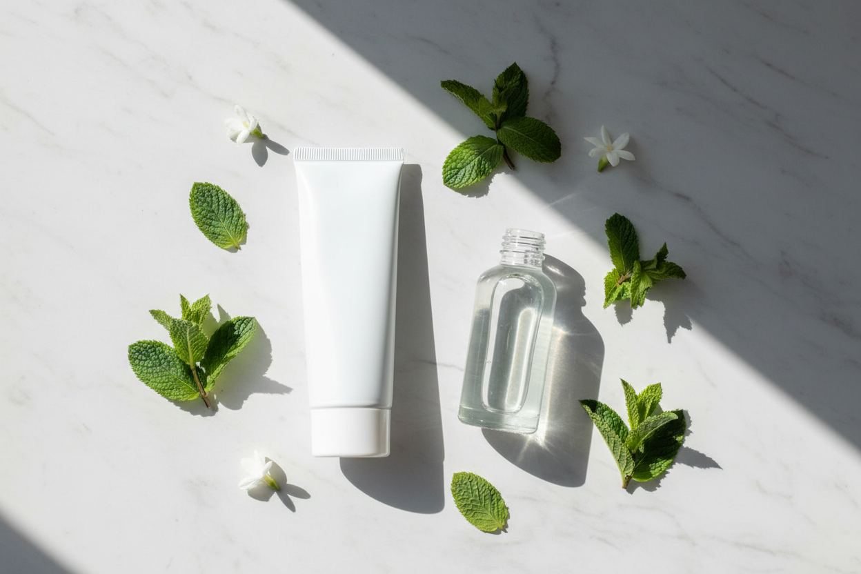 A minimalist flat lay featuring a white toothpaste tube, a glass bottle of natural mouthwash, fresh mint leaves, and small white flowers on white marble — representing a microbiome-friendly approach to oral health and natural dental care.