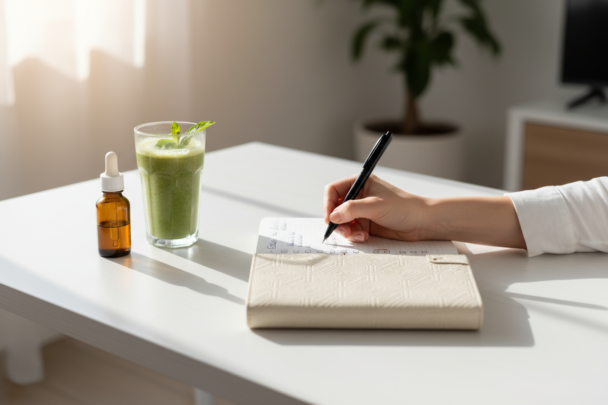 A woman's hand writing in a wellness journal on a white desk beside a green smoothie and supplement bottle in soft morning light — representing the daily habits and intentional upgrades of a self-optimization lifestyle.