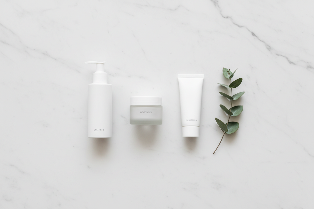 A clean top-down shot of three minimal skincare products — cleanser, moisturiser, and sunscreen — arranged in a row on white marble with generous white space and a single botanical stem, representing a simple, intentional 3-step skincare routine.