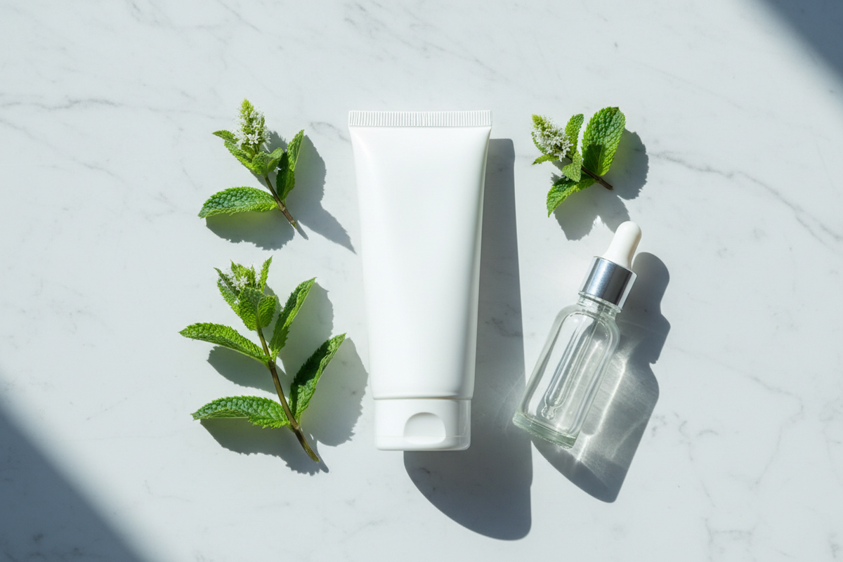 A minimalist flat lay featuring unlabeled white skincare-style tubes and a clear glass bottle with fresh mint leaves on white marble — representing the skinification of oral care and the connection between mouth health and whole-body wellness.