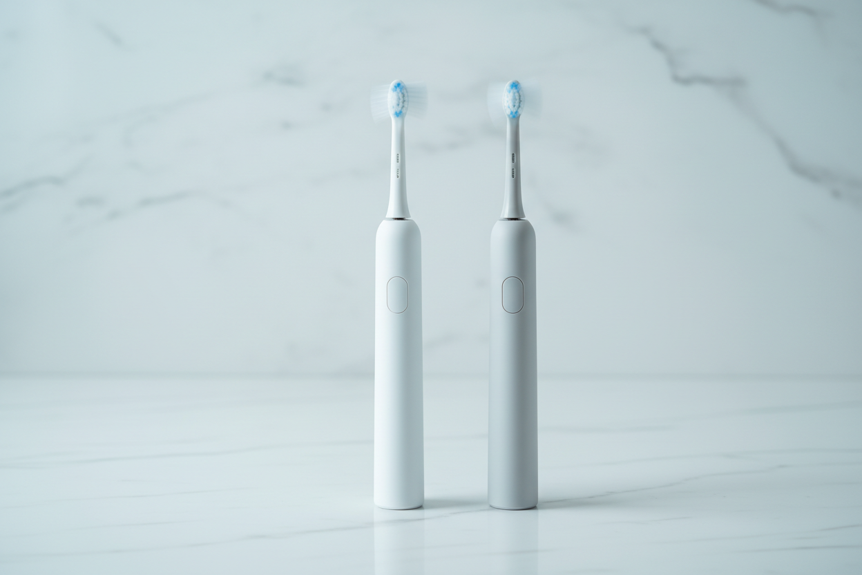 Two electric toothbrushes on marble, motion-blurred heads — sweeping vs sonic technology for deeper plaque removal.