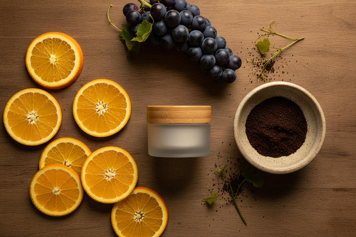 An overhead styled shot of orange slices, coffee grounds in a ceramic bowl, fresh grapes, and a skincare jar on a warm wood surface — representing the upcycled beauty movement that transforms food waste into effective, sustainable skincare.