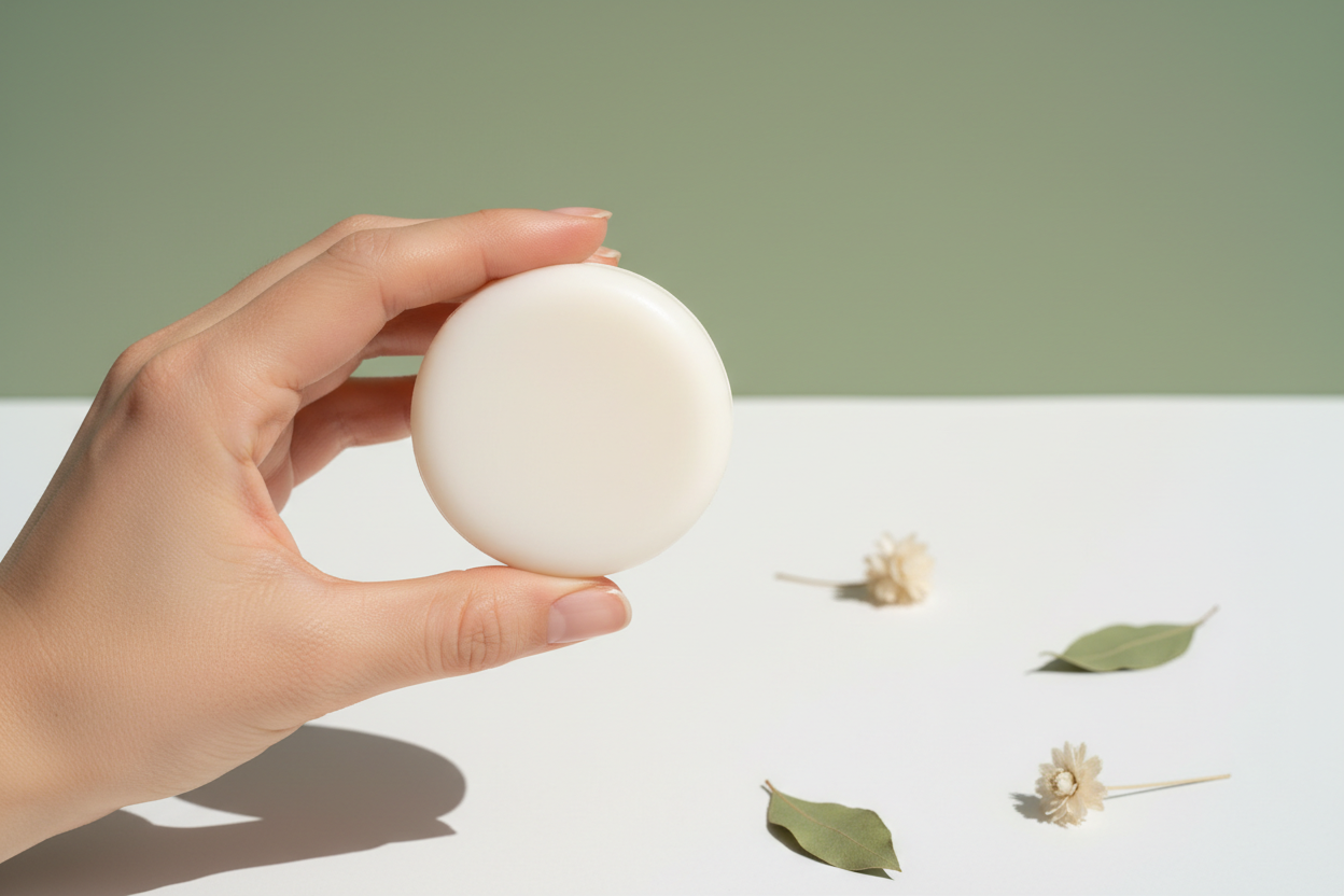 A close-up of a hand holding a smooth solid skincare balm bar against a clean white and sage green background — representing the waterless beauty movement and concentrated, eco-friendly skincare formulas.