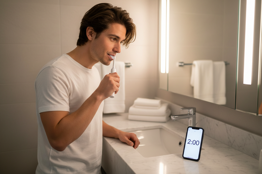 Person brushing teeth with electric toothbrush and phone timer — the 2-minute 4-zone brushing method for healthy teeth.