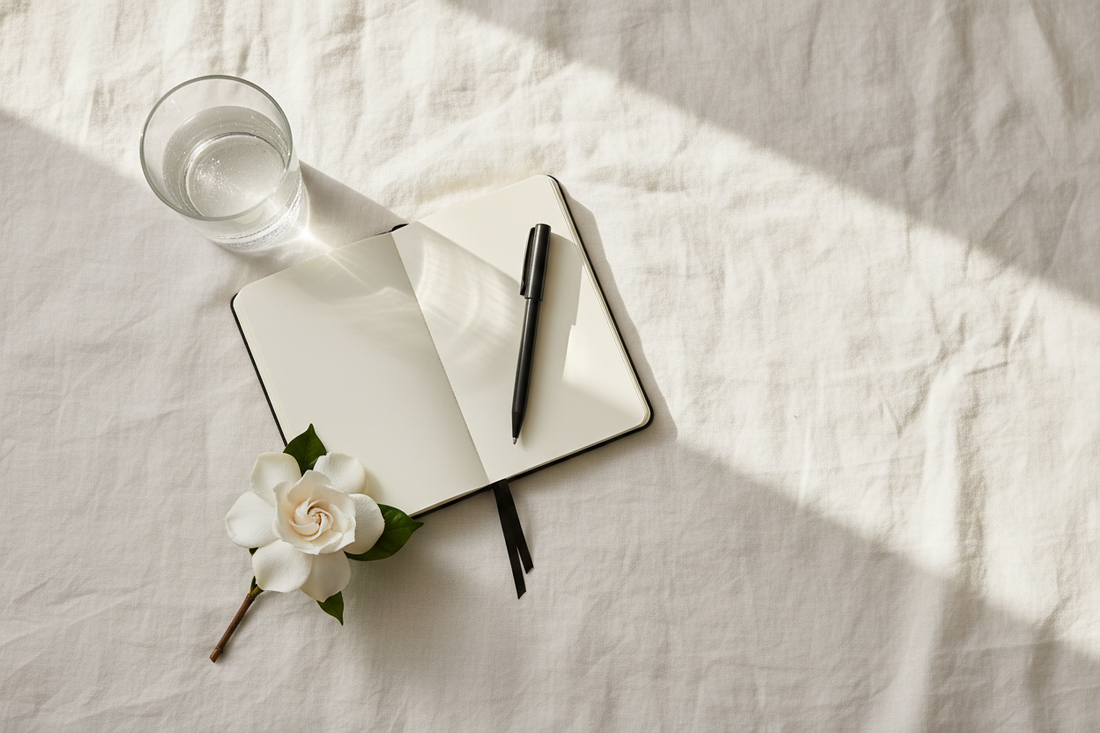 An overhead flat lay on white linen of a glass of water, an open journal with a pen, and a single white flower in soft morning light — representing the simplicity and calm of a 5-minute morning ritual before reaching for your phone.