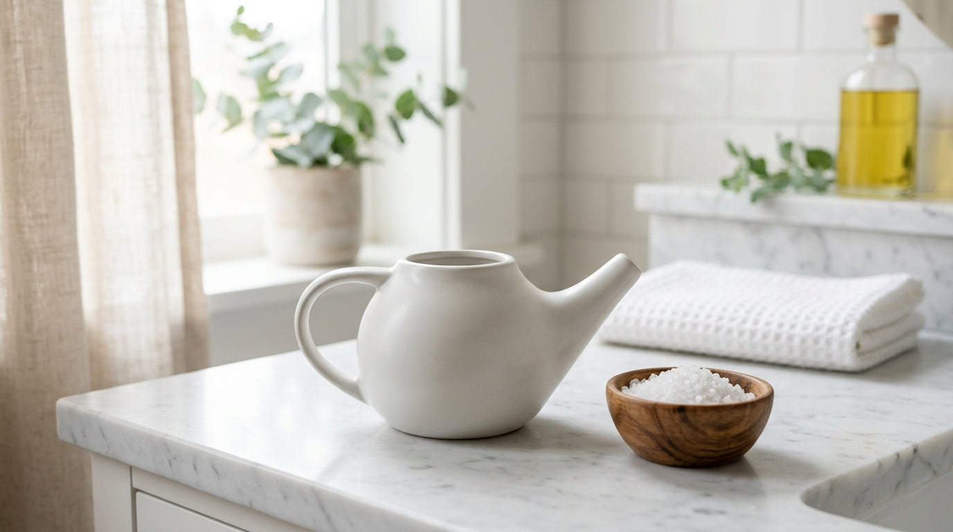 Modern ceramic Neti pot and sea salt on a clean marble bathroom counter, representing natural nasal congestion relief and sinus health.
