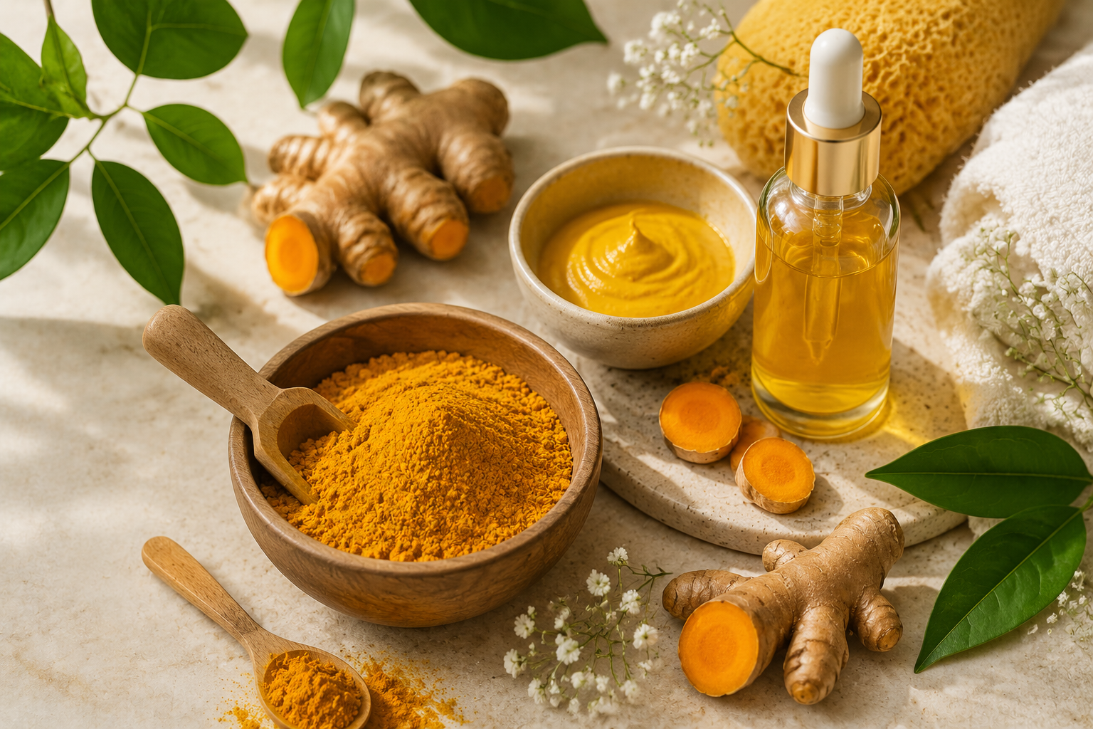 Flat lay of turmeric skincare ingredients including turmeric powder, fresh turmeric roots, and natural beauty oil arranged on a soft stone surface, representing natural anti-inflammatory and brightening skincare benefits.