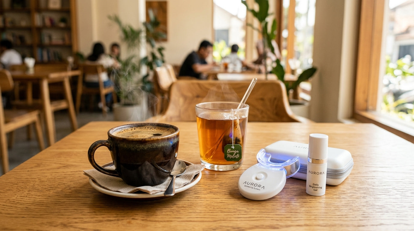 A steaming cup of coffee and tea next to a modern teeth whitening product in a bright cafe setting, illustrating how to maintain a white smile while enjoying staining drinks.