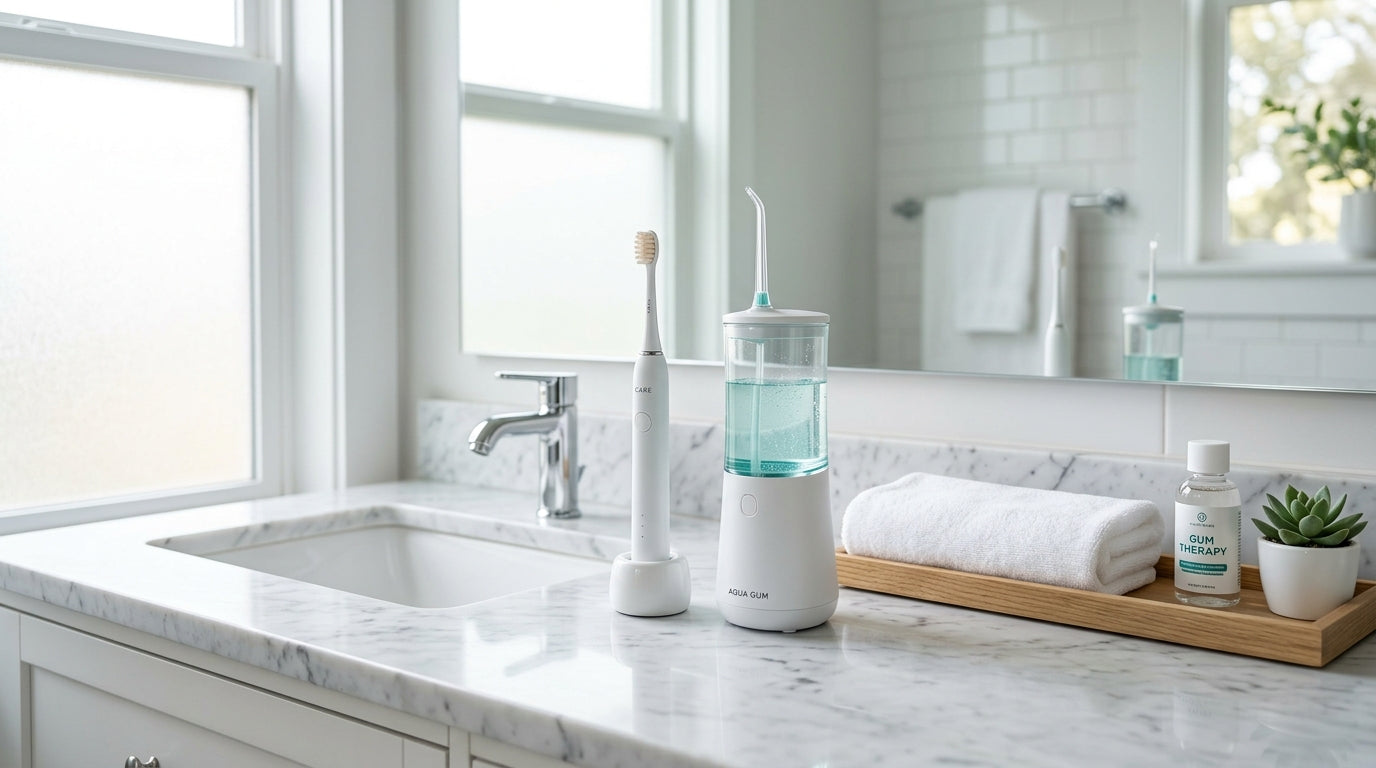 Professional oral care setup featuring a modern electric toothbrush and a water flosser on a marble bathroom counter, representing a science-backed routine for gum health and periodontitis prevention.