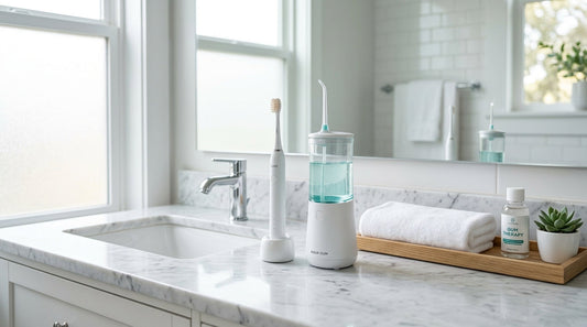 Professional oral care setup featuring a modern electric toothbrush and a water flosser on a marble bathroom counter, representing a science-backed routine for gum health and periodontitis prevention.