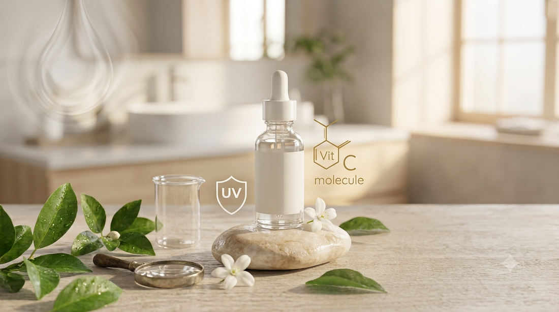 A blank-label glass dropper serum bottle on a light stone in a sunlit bathroom, surrounded by dewy green leaves, white jasmine flowers, and a small beaker for a scientific glowing skin concept.