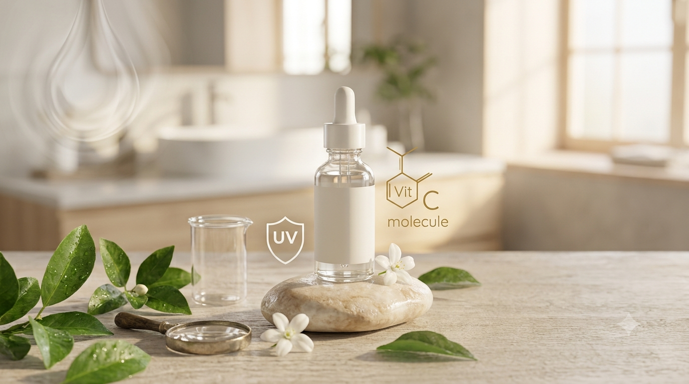 A blank-label glass dropper serum bottle on a light stone in a sunlit bathroom, surrounded by dewy green leaves, white jasmine flowers, and a small beaker for a scientific glowing skin concept.