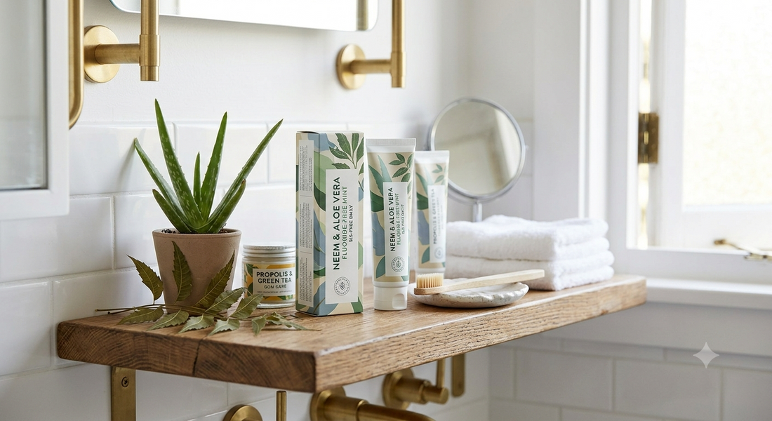 Natural herbal toothpaste tube and wooden toothbrush on light stone, surrounded by green leaves, mint, and calendula flowers for clean oral care concept.