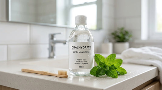 A gentle oral care setup with a soft-bristled wooden toothbrush, an alcohol-free mouthwash bottle, and fresh mint on a clean bathroom vanity, highlighting natural defense and daily hydration for the oral mucosa.