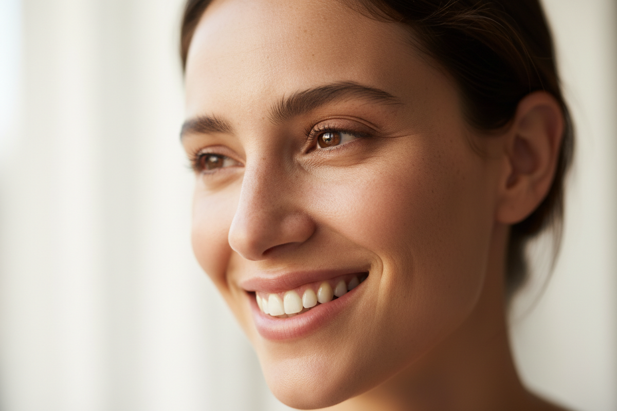 A close-up portrait of a woman with natural skin texture, subtle freckles, and a warm genuine smile in soft window light — representing the authentic beauty movement that celebrates real, unfiltered, human connection over digital perfection.