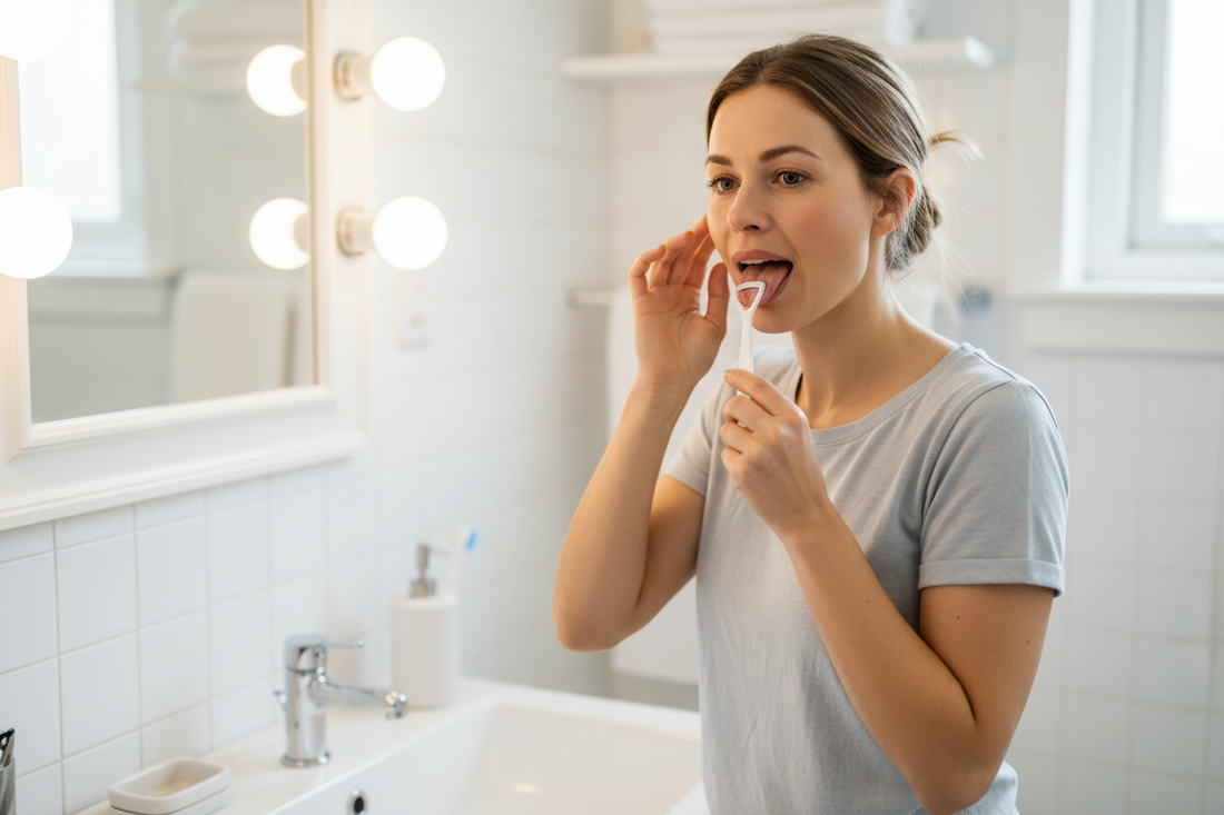 Person using tongue scraper at bathroom sink — tackling bad breath at the source with tongue cleaning and daily flossing.