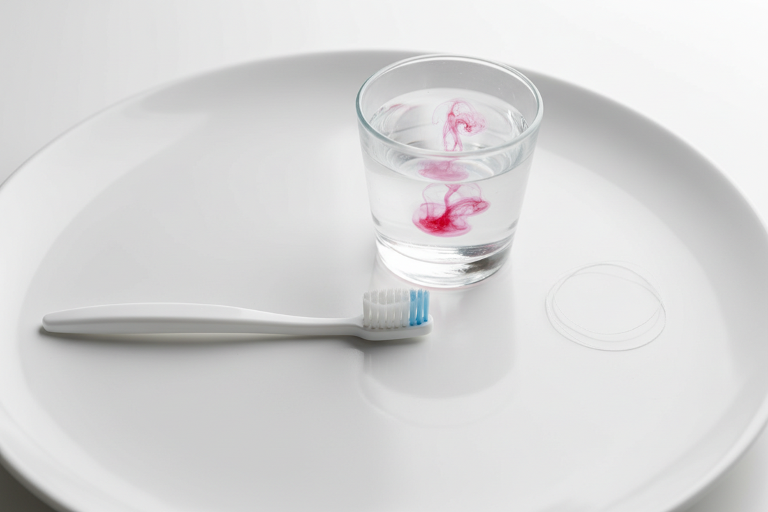 Soft toothbrush, water with red drop, and dental floss on white — why gums bleed and how to brush better for healthier gums.