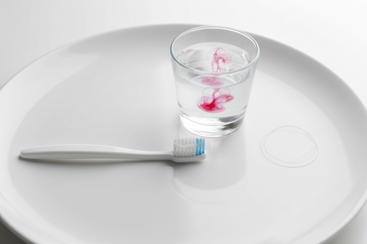 Soft toothbrush, water with red drop, and dental floss on white — why gums bleed and how to brush better for healthier gums.