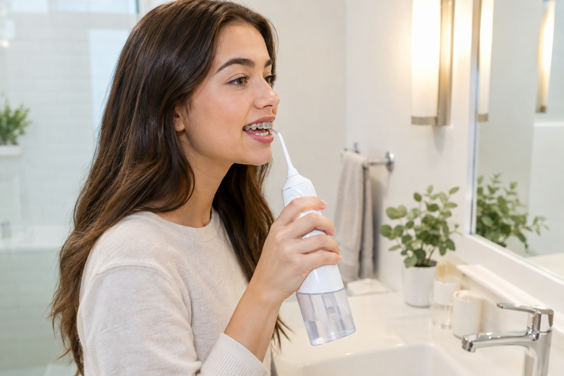 Water flosser orthodontic tip at sink — daily braces cleaning routine to remove food from brackets and keep gums healthy.