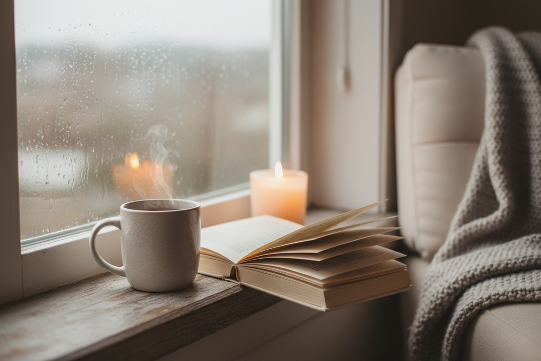 A steaming cup of herbal tea on a windowsill beside an open book and soft candlelight, with rain outside — evoking the rare luxury of calm, stillness, and intentional rest in a world of constant stress.