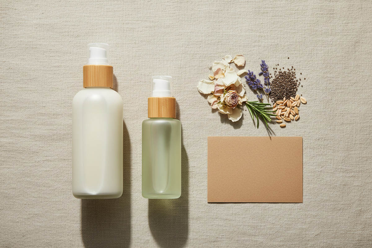 Refillable glass beauty bottles with bamboo caps beside raw botanicals on linen — representing Clean Beauty 2.0's shift to transparency and sustainability.