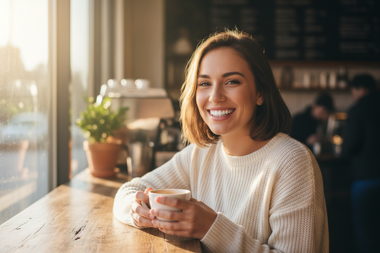 Smiling person with coffee cup — how coffee tannins stain enamel and the best whitening habits for daily coffee drinkers.