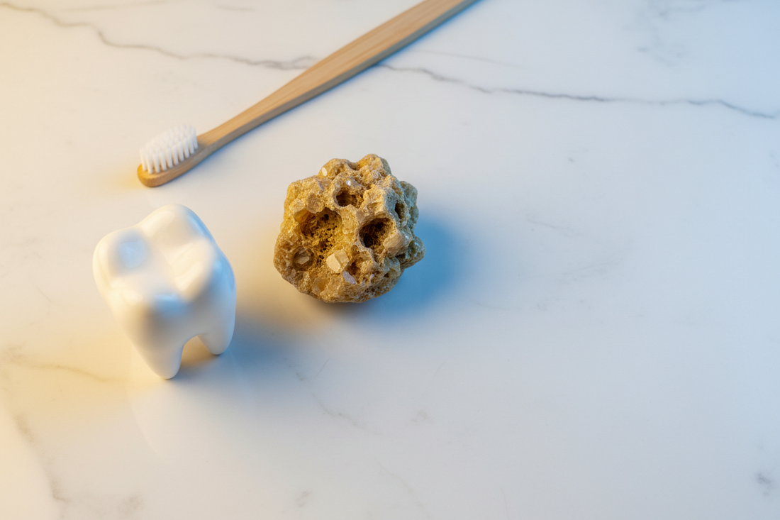 Tooth model, yellow rock, and toothbrush on white — tartar buildup and the gaps revealed after dental cleaning