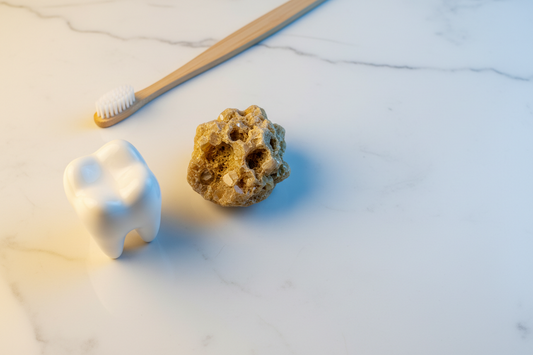 Tooth model, yellow rock, and toothbrush on white — tartar buildup and the gaps revealed after dental cleaning