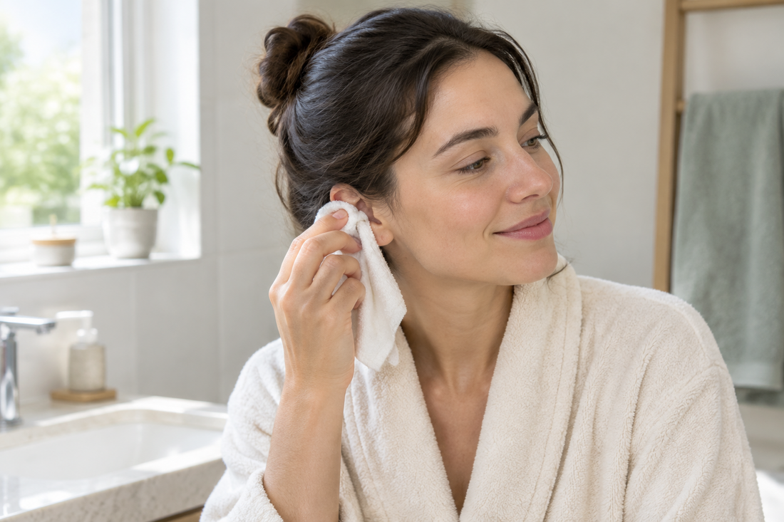 Woman gently wiping outer ear with a damp cloth in a bright bathroom, practicing safe ear hygiene.