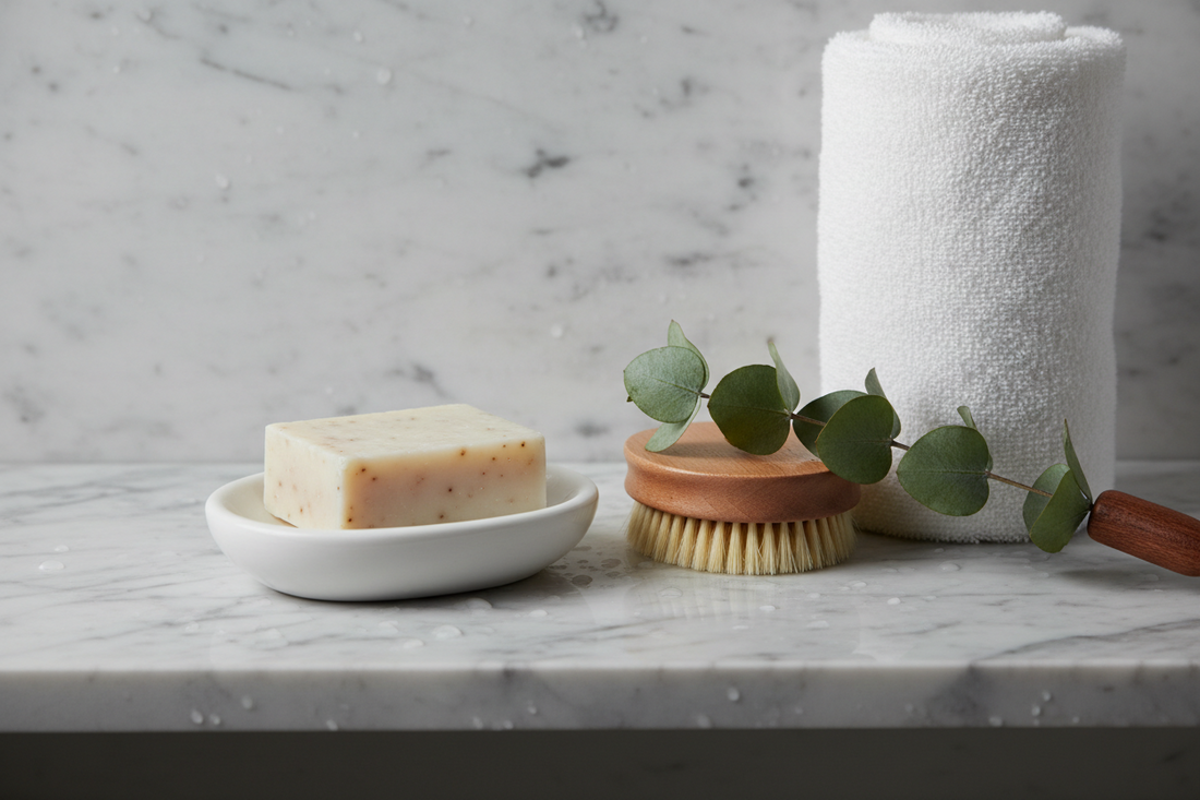 A spa-style bathroom shelf with a white ceramic soap dish holding an artisan soap bar, a wooden bath brush, a rolled white towel, and a fresh eucalyptus sprig on wet marble — evoking the luxurious ritual of face-grade body care and full-body skincare.