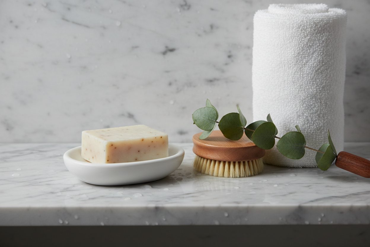 A spa-style bathroom shelf with a white ceramic soap dish holding an artisan soap bar, a wooden bath brush, a rolled white towel, and a fresh eucalyptus sprig on wet marble — evoking the luxurious ritual of face-grade body care and full-body skincare.