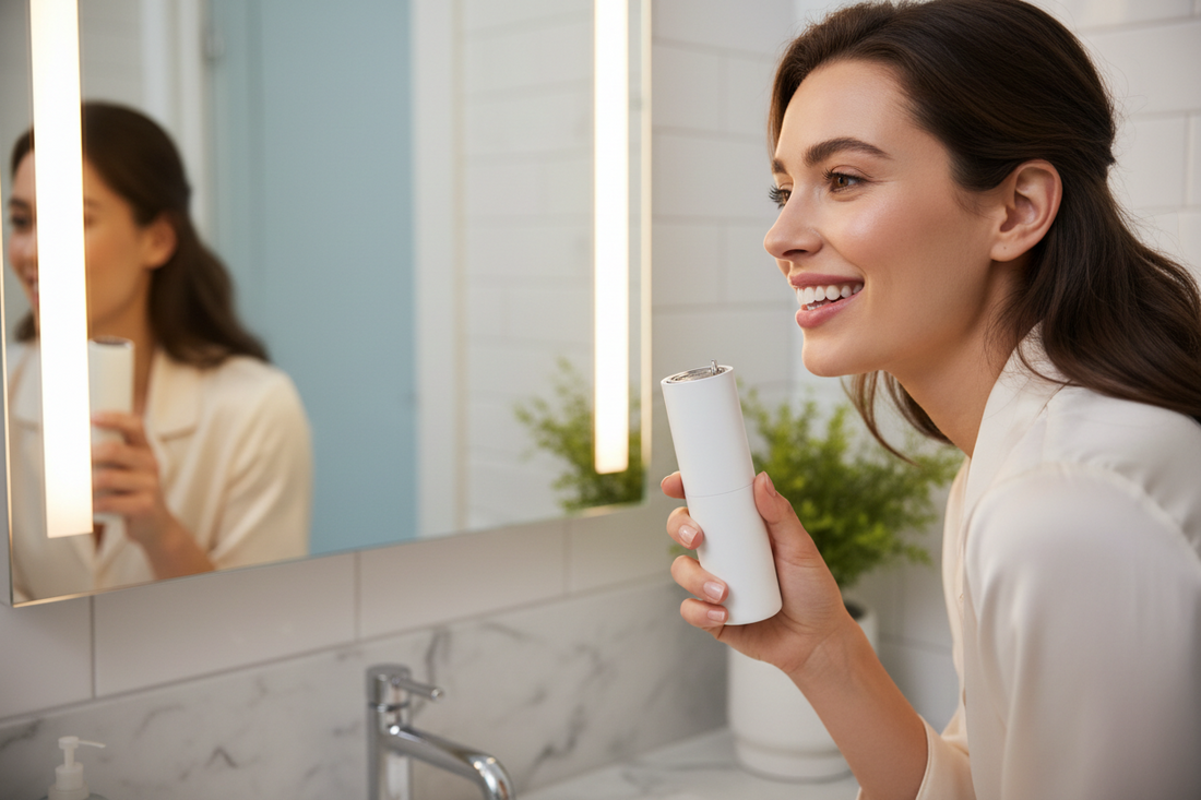 Person smiling at mirror with portable water flosser — quick 30-second fix for food stuck in teeth before going out.