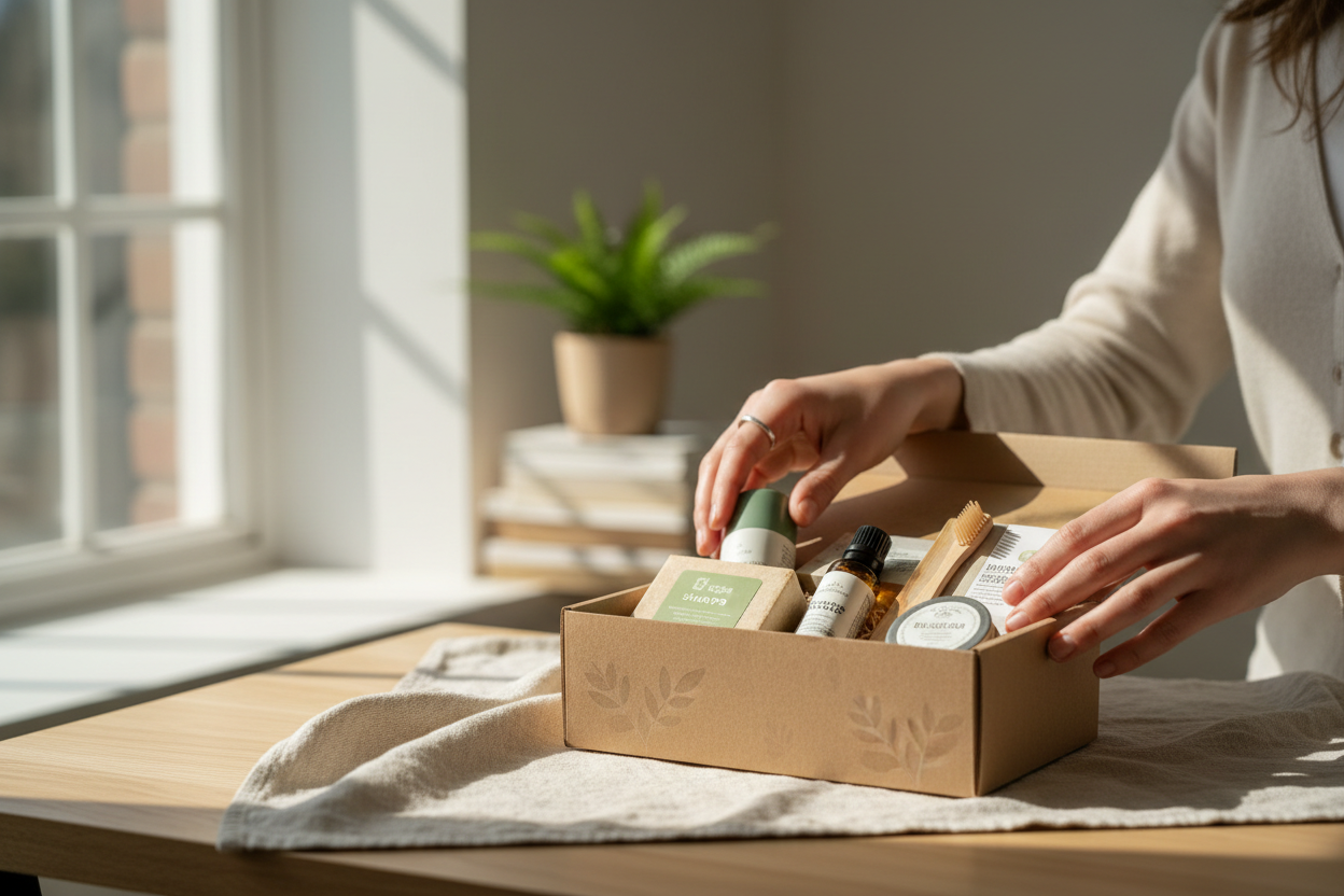 A lifestyle close-up of a young woman's hands unpacking eco-friendly personal care products from minimal kraft paper packaging on a wooden table in natural daylight — representing Gen Z's commitment to sustainable, conscious beauty choices.
