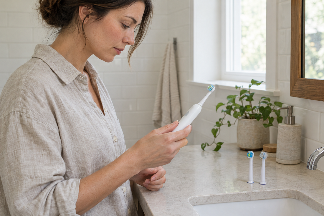 Woman inspecting an electric toothbrush beside fresh and worn replacement heads on a bathroom counter.