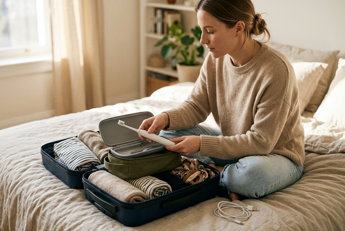 Woman packing an electric toothbrush into a protective travel case beside an open suitcase.