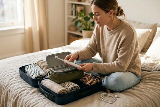 Woman packing an electric toothbrush into a protective travel case beside an open suitcase.