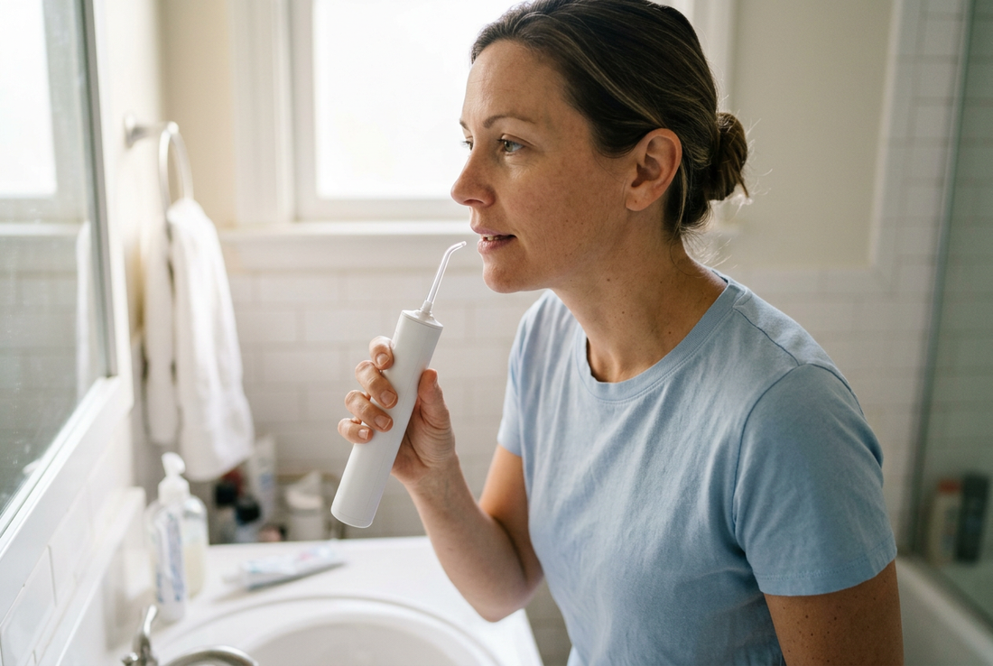 Woman preparing to use a cordless water flosser at a bathroom sink during her daily oral care routine.