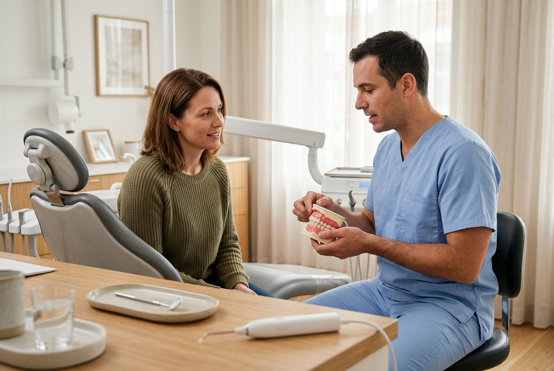 Dentist explaining oral care with a teeth model while a patient listens and a home dental cleaner rests nearby.