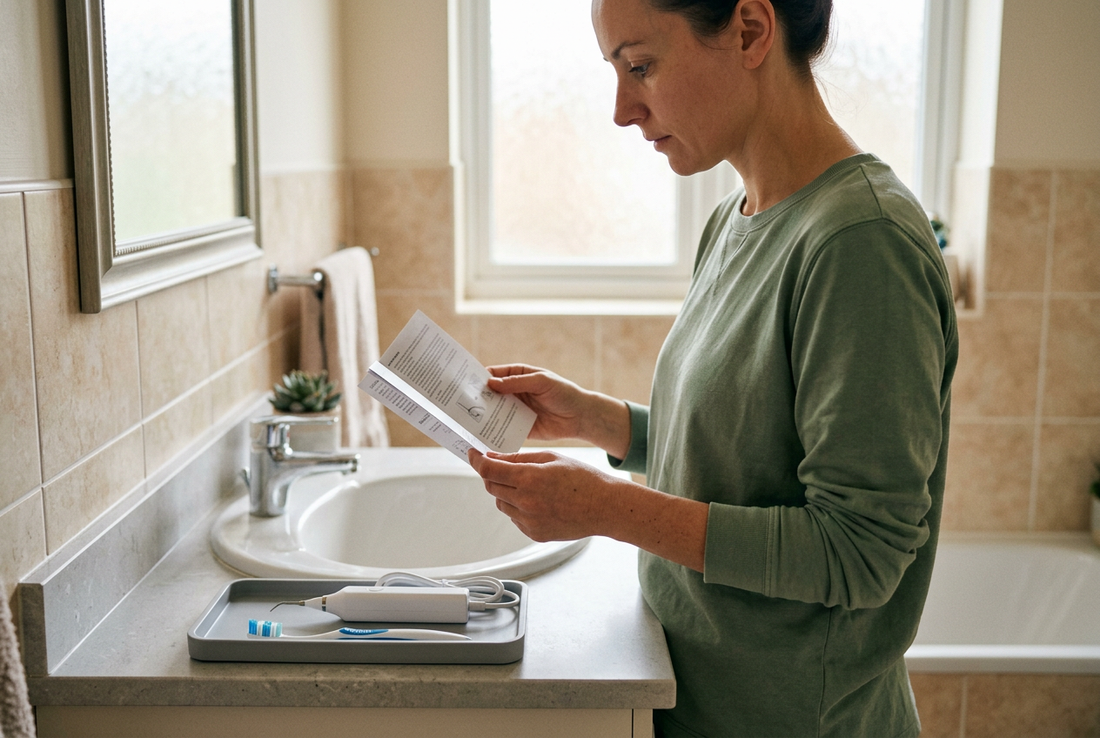 Woman reading an instruction booklet beside an unused home dental cleaner on a bathroom counter.