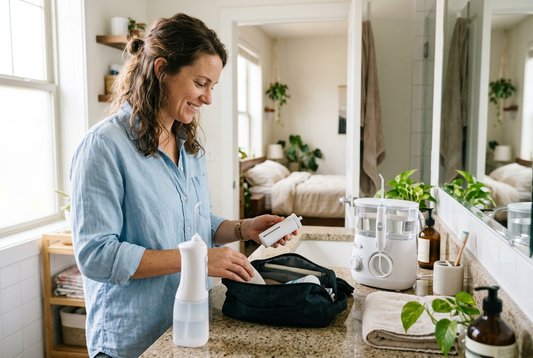 Woman packing a compact water flosser beside cordless and countertop models on a bathroom counter.